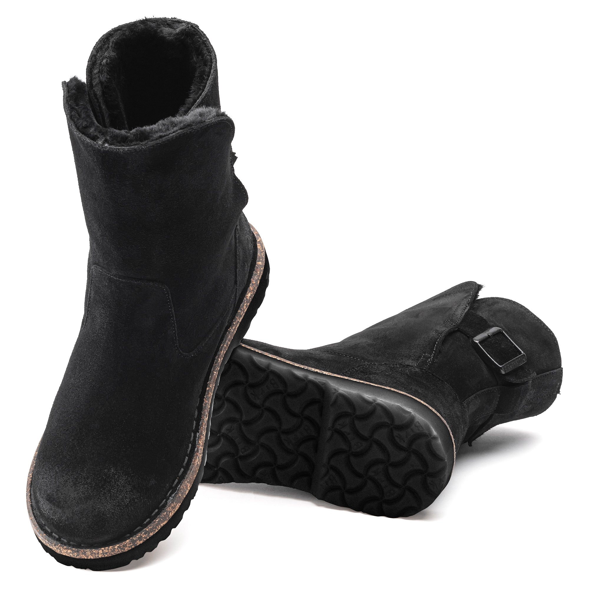 Black suede winter boots with fur lining and durable rubber soles.