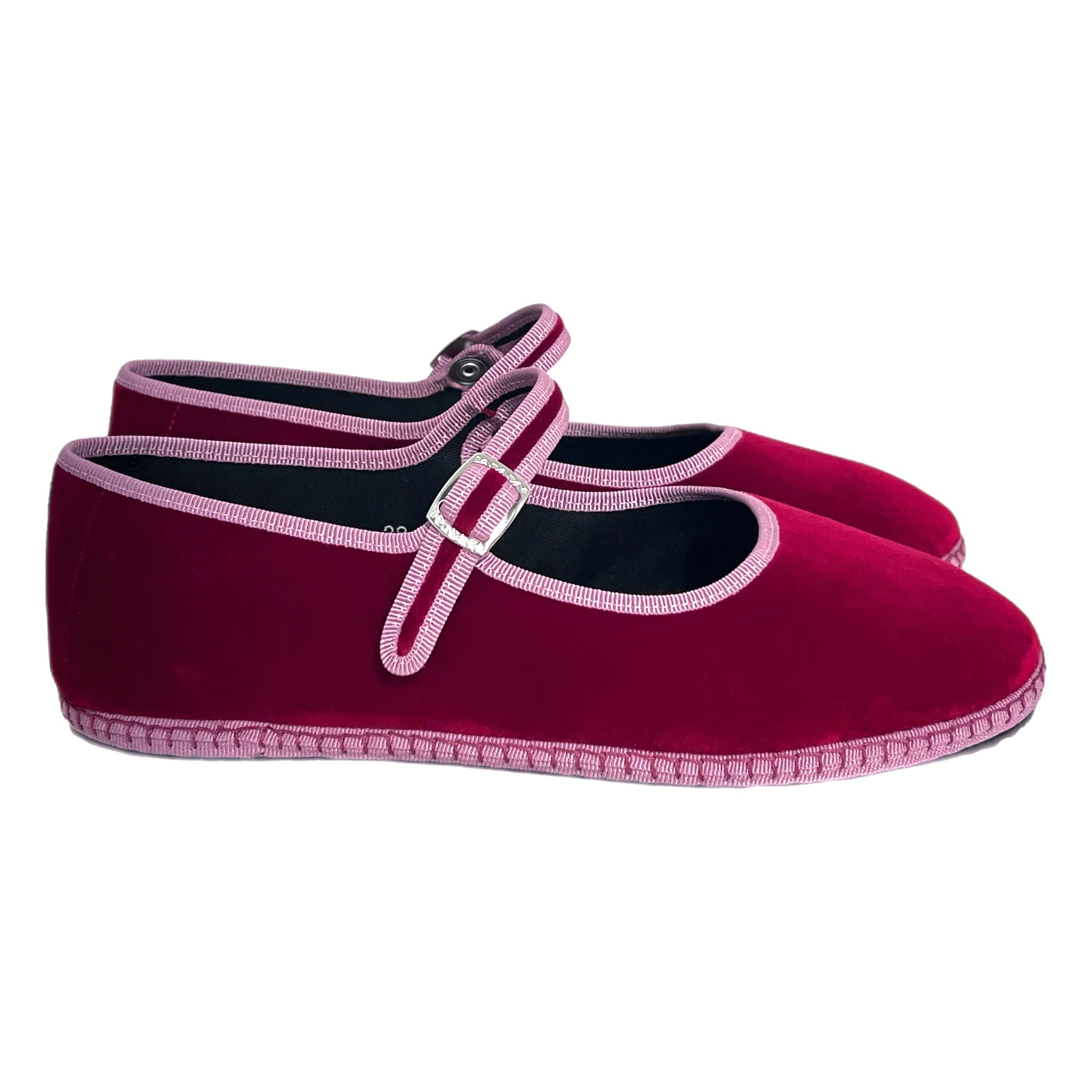 Red and pink Friulane bebè shoes in velvet with hand-stitched rubber sole, made in Friuli, Italy