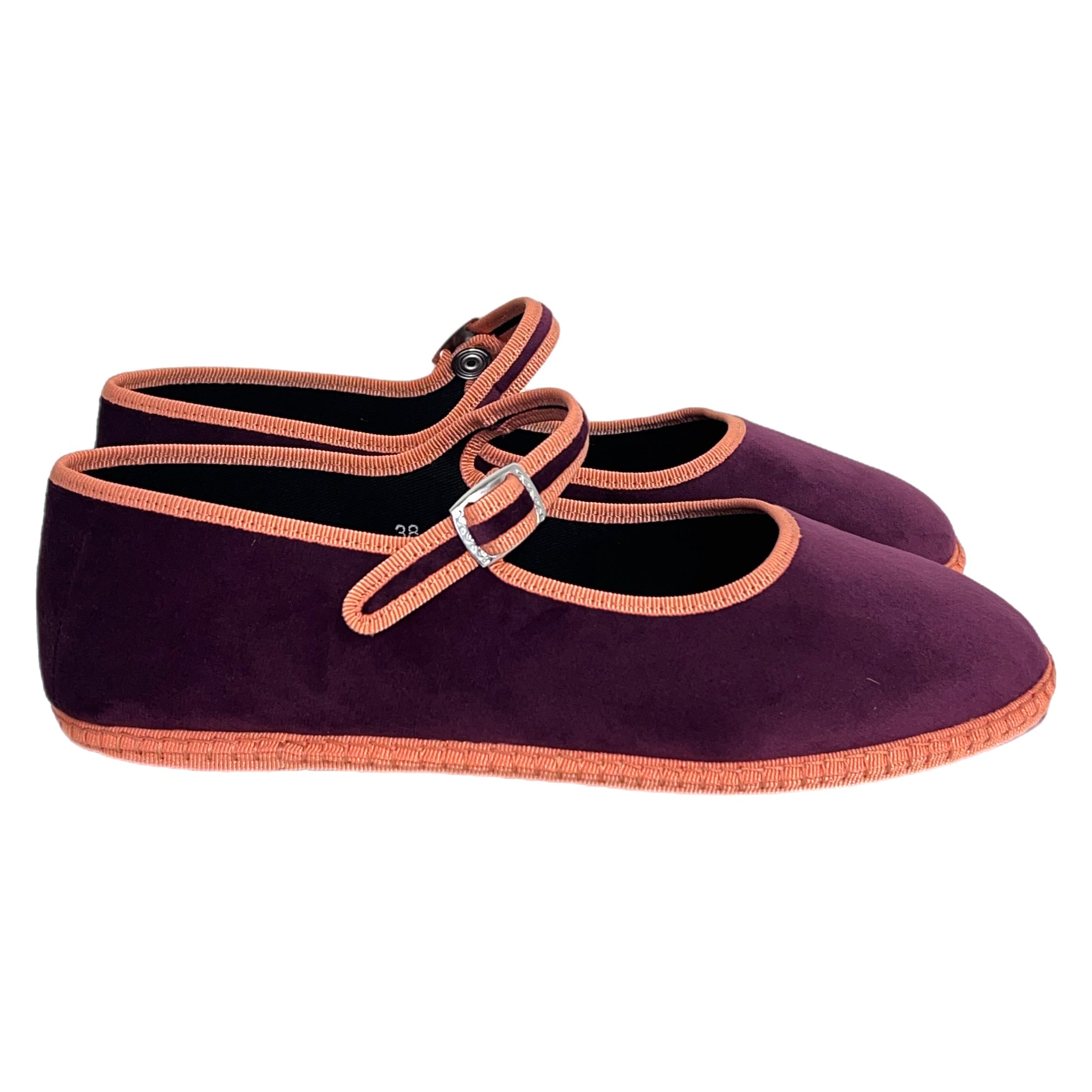 Purple and peach velvet baby Friulane shoes with handmade rubber soles, elegant and authentic design, made in Friuli, Italy.