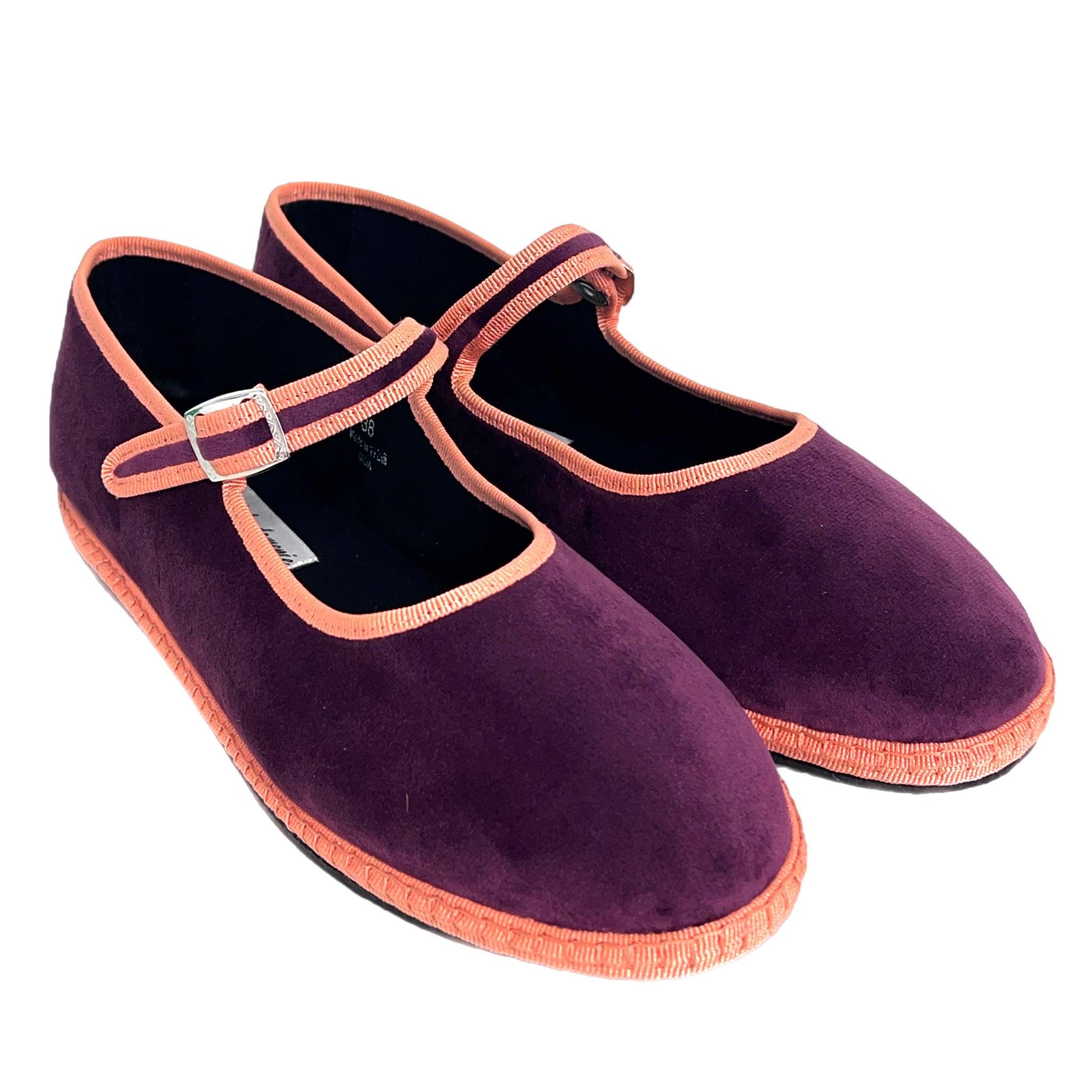 Purple and peach velvet baby Friulane shoes with hand-stitched rubber soles, made in Friuli, Italy.