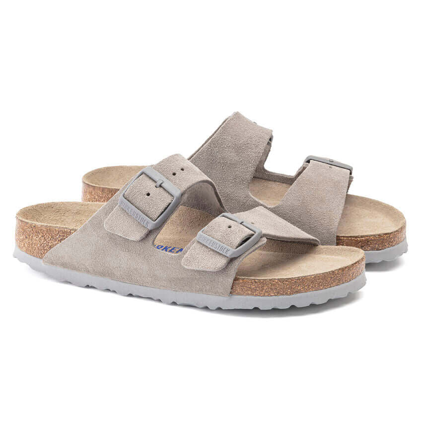 Grey suede sandals with cork footbed and adjustable straps