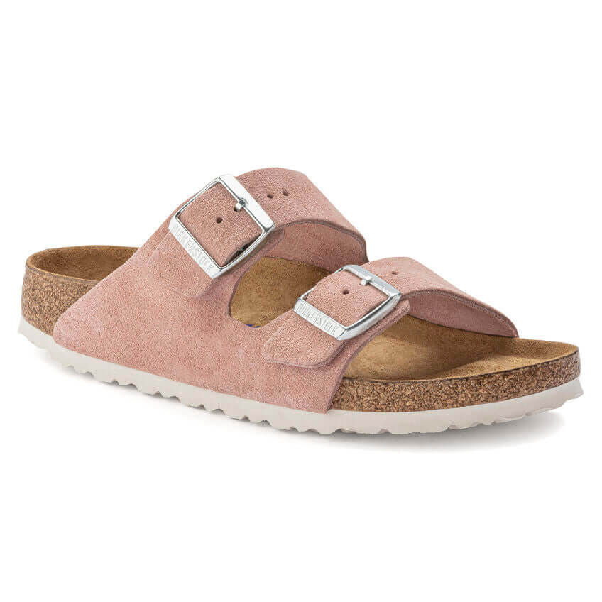Pink suede sandal with double buckle straps and cork sole