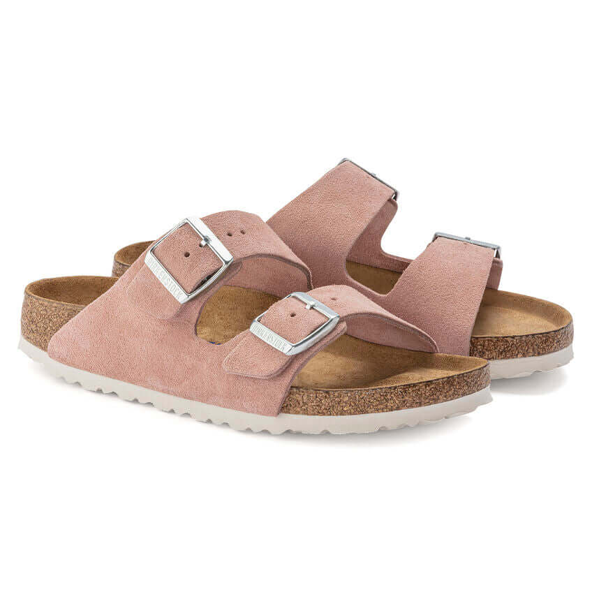 Pink suede sandals with silver buckles and cork soles