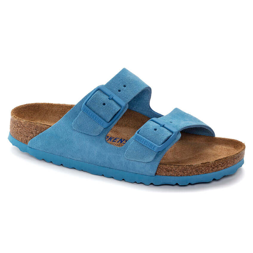 Blue suede double strap cork sole sandal with adjustable buckles
