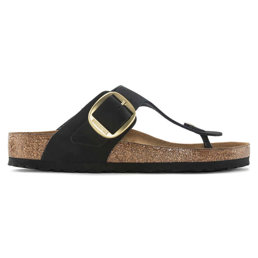 Black cork footbed sandal with gold buckle and T-strap design